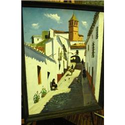 Oil On Canvas-St. Scene, Church & Figure-EE Rosas