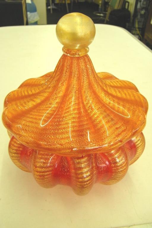 Art Glass Scalloped Orange Candy Dish With Lid