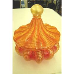 Art Glass Scalloped Orange Candy Dish With Lid -