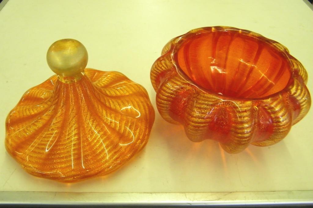 Art Glass Scalloped Orange Candy Dish With Lid