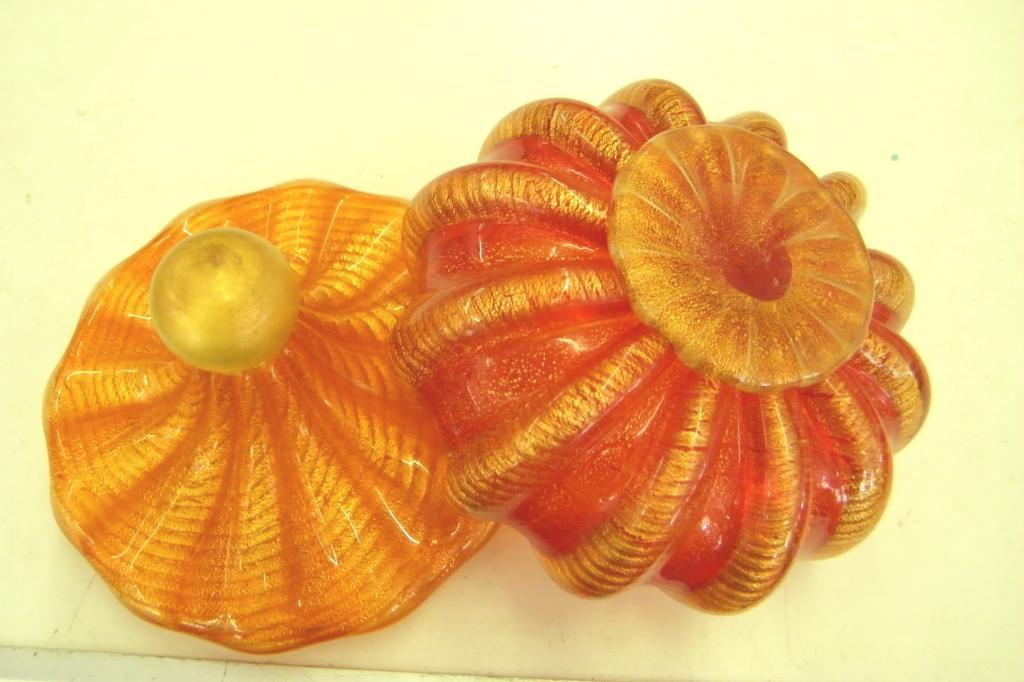 Art Glass Scalloped Orange Candy Dish With Lid