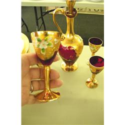 Glass Liquor Dispenser w/5 Cups-Hand Painted -