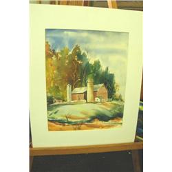 Landscape w/Barn Signed Hattie - Watercolor -