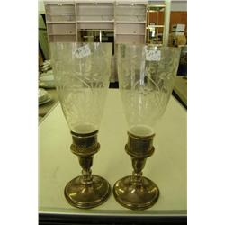 Towle Sterling Candle Holders, Etched Shades 11" H