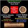 Image 1 : Mixed small cents 1c orig shotgun roll, 1919-s Wheat Cent, 1887 Indian Cent other end, Brinks Wrappe