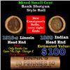 Image 1 : Mixed small cents 1c orig shotgun roll, 1916-s Wheat Cent, 1859 Indian Cent other end, Brinks Wrappe