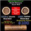 Image 1 : Mixed small cents 1c orig shotgun roll, 1916-s Wheat Cent, 1864 Indian Cent other end, Brinks Wrappe
