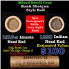 Image 1 : Mixed small cents 1c orig shotgun roll, 1918-s Wheat Cent, 1890 Indian Cent other end, Brinks Wrappe