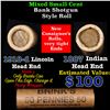 Image 1 : Mixed small cents 1c orig shotgun roll, 1918-d Wheat Cent, 1887 Indian Cent other end, Brinks Wrappe
