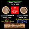 Image 1 : Mixed small cents 1c orig shotgun roll, 1919-s Wheat Cent, 1890 Indian Cent other end, Brinks Wrappe