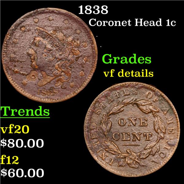 1838 Coronet Head Large Cent 1c Grades vf details