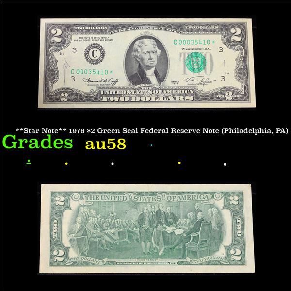 **Star Note** 1976 $2 Green Seal Federal Reserve Note (Philadelphia, PA) Grades Choice AU/BU Slider