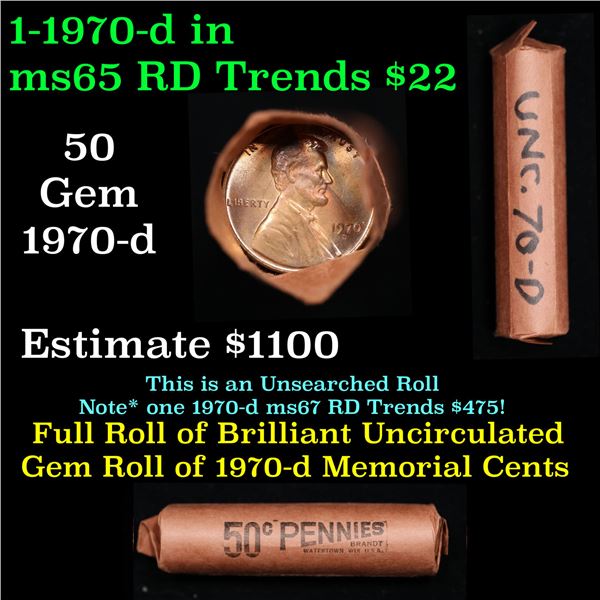 Lincoln 1c roll, 1970-d 50 pcs Brandt Wrapper.