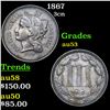 Image 1 : 1867 Three Cent Copper Nickel 3cn Grades Select AU