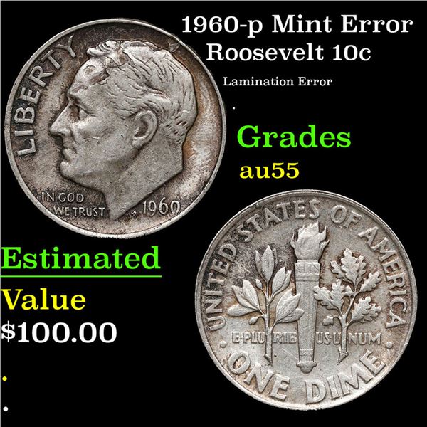 1960-p Roosevelt Dime Mint Error 10c Grades Choice AU