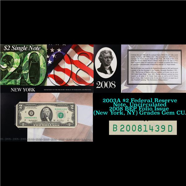 2003A $2 Federal Reserve Note, Uncirculated 2008 BEP Folio Issue (New York, NY) Grades Gem CU