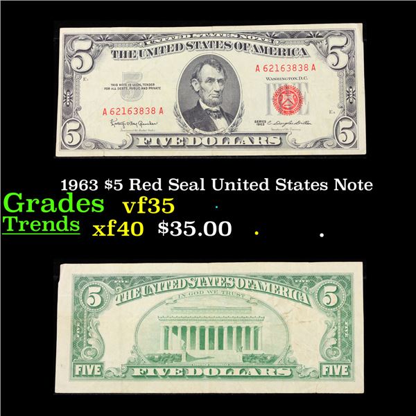 1963 $5 Red Seal United States Note Grades vf++