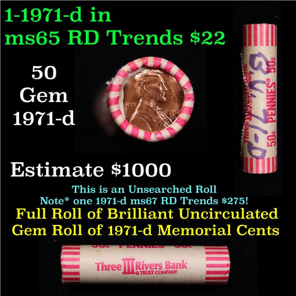 Shotgun Lincoln 1c roll, 1971-d 50 pcs Three Rivers Bank & Trust Company Wrapper.
