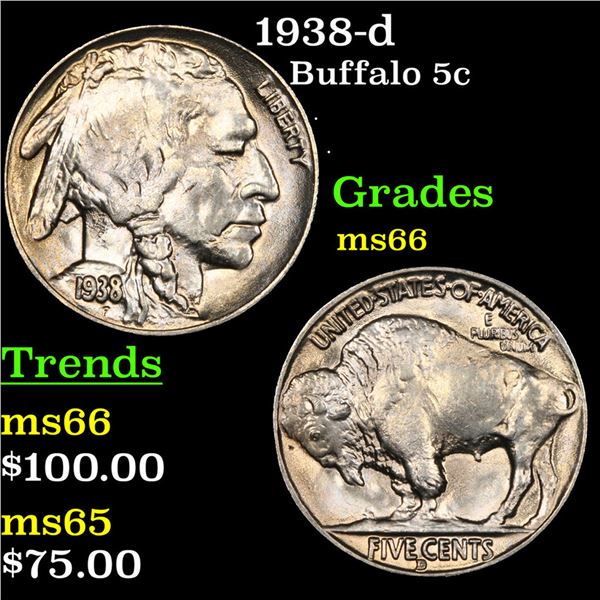 1938-d Buffalo Nickel 5c Grades GEM+ Unc
