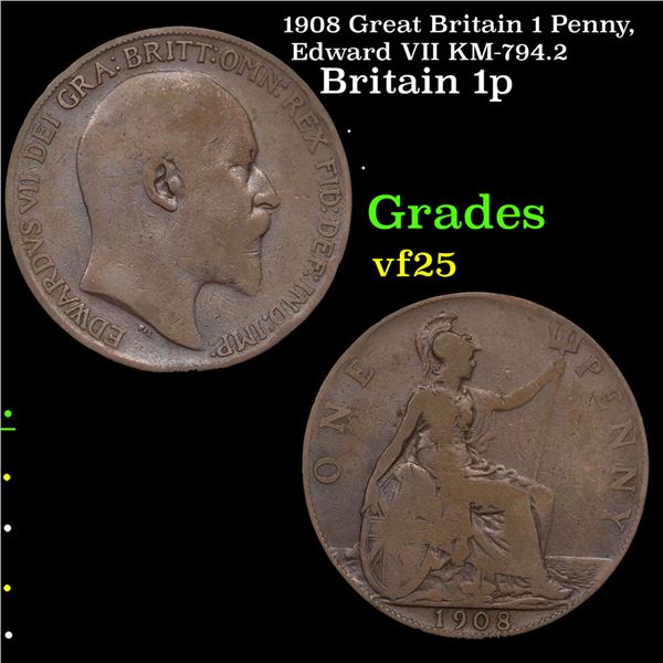 1908 Great Britain 1 Penny, Edward VII KM-794.2 Grades vf+