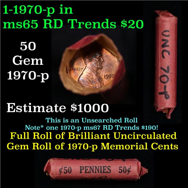 Lincoln 1c roll, 1970-p 50 pcs J. Worth Baker & Company Wrapper.