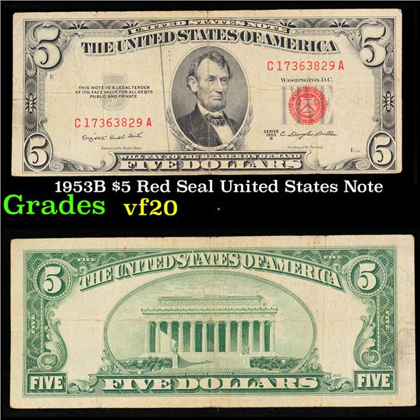 1953B $5 Red Seal United States Note Grades vf, very fine