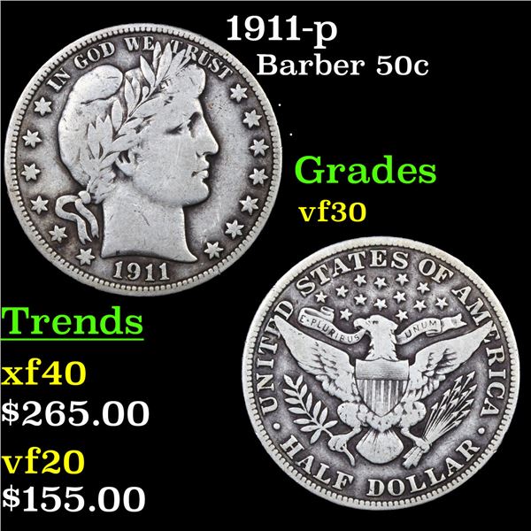 1911-p Barber Half Dollars 50c Grades vf++