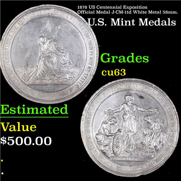 1876 US Centennial Exposition Official Medal J-CM-11d White Metal 58mm.