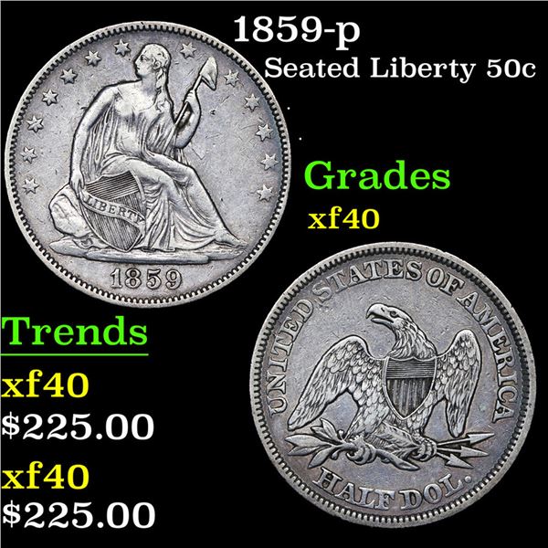 1859-p Seated Half Dollar 50c Grades xf
