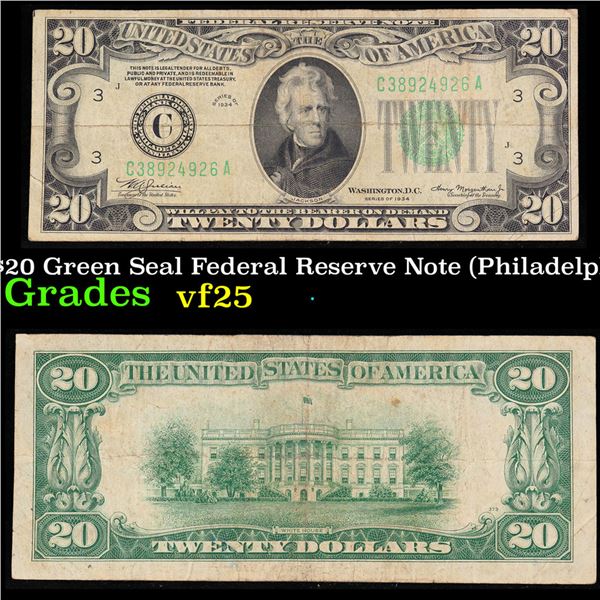 1934 $20 Green Seal Federal Reserve Note (Philadelphia, PA) Grades vf+