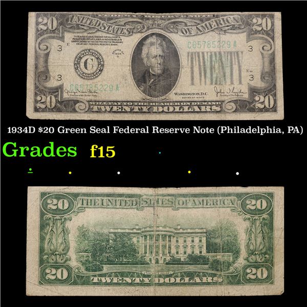 1934D $20 Green Seal Federal Reserve Note (Philadelphia, PA) Grades f+