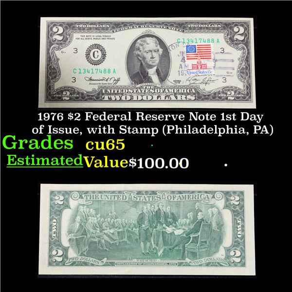 1976 $2 Federal Reserve Note 1st Day of Issue, with Stamp (Philadelphia, PA) Grades Gem CU