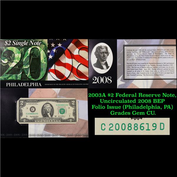 2003A $2 Federal Reserve Note, Uncirculated 2008 BEP Folio Issue (Philadelphia, PA) Grades Gem CU