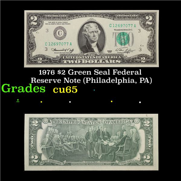 1976 $2 Green Seal Federal Reserve Note (Philadelphia, PA) Grades Gem CU