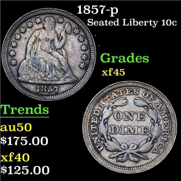 1857-p Seated Liberty Dime 10c Grades xf+