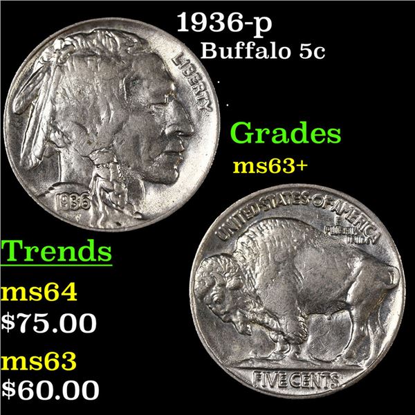 1936-p Buffalo Nickel 5c Grades Select+ Unc
