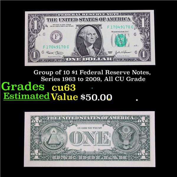 Group of 10 $1 Federal Reserve Notes, Series 1963 to 2009, All CU Grade Grades Select CU