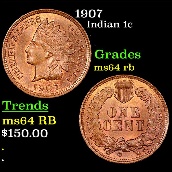 1907 Indian Cent 1c Grades Choice Unc RB