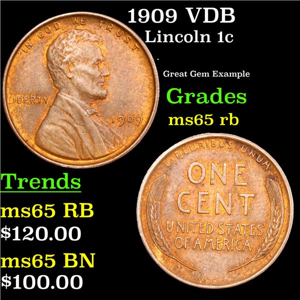 1909 VDB Lincoln Cent 1c Grades GEM Unc RB