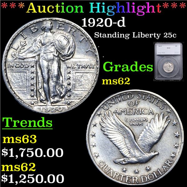 ***Auction Highlight*** 1920-d Standing Liberty Quarter 25c Graded ms62 By SEGS (fc)