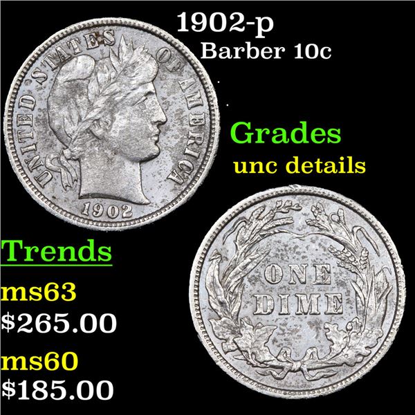 1902-p Barber Dime 10c Grades Unc Details