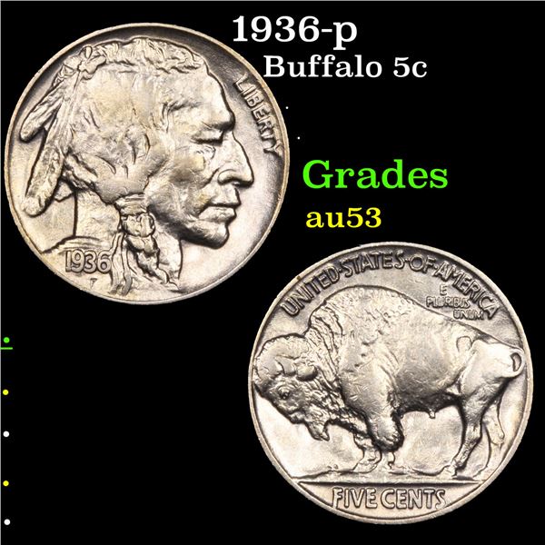 1936-p Buffalo Nickel 5c Grades Select AU