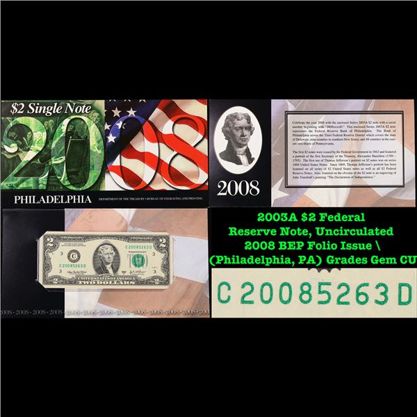 2003A $2 Federal Reserve Note, Uncirculated 2008 BEP Folio Issue (Philadelphia, PA) Grades Gem CU