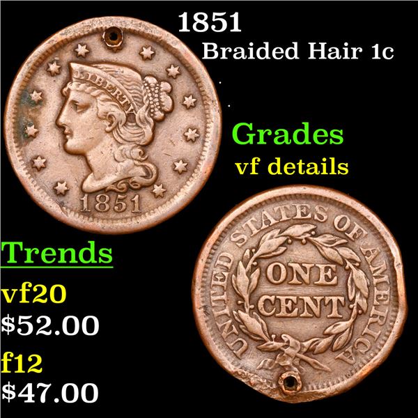 1851 Braided Hair Large Cent 1c Grades vf details