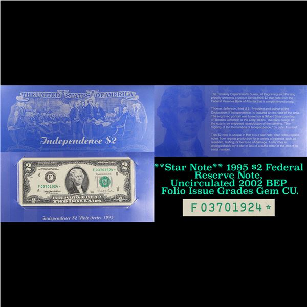 **Star Note** 1995 $2 Federal Reserve Note, Uncirculated 2002 BEP Folio Issue Grades Gem CU