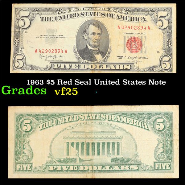 1963 $5 Red Seal United States Note Grades vf+