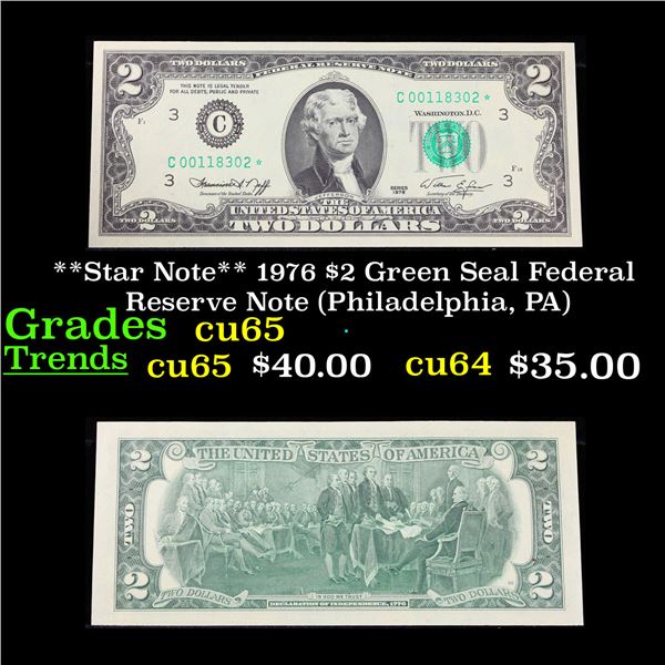 **Star Note** 1976 $2 Green Seal Federal Reserve Note (Philadelphia, PA) Grades Gem CU