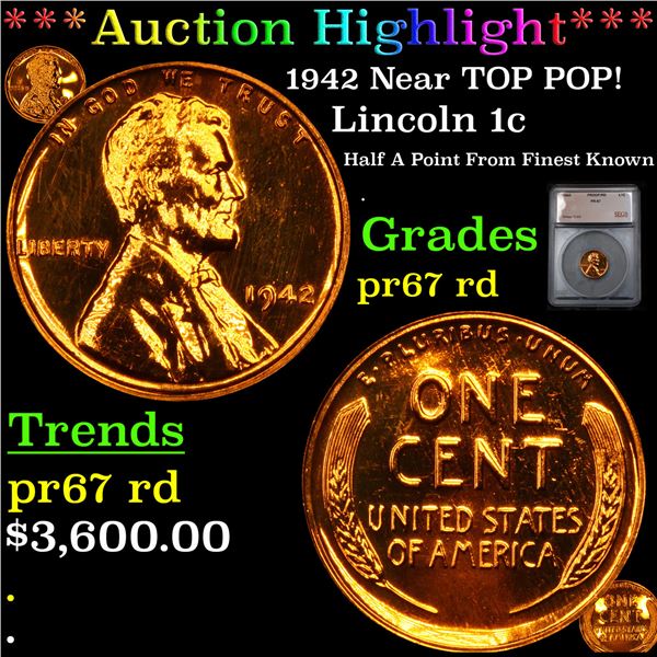 Proof ***Auction Highlight*** 1942 Lincoln Cent Near TOP POP! 1c Graded pr67 rd BY SEGS (fc)