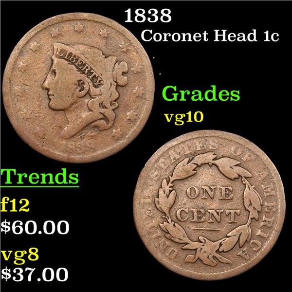 1838 Coronet Head Large Cent 1c Grades vg+