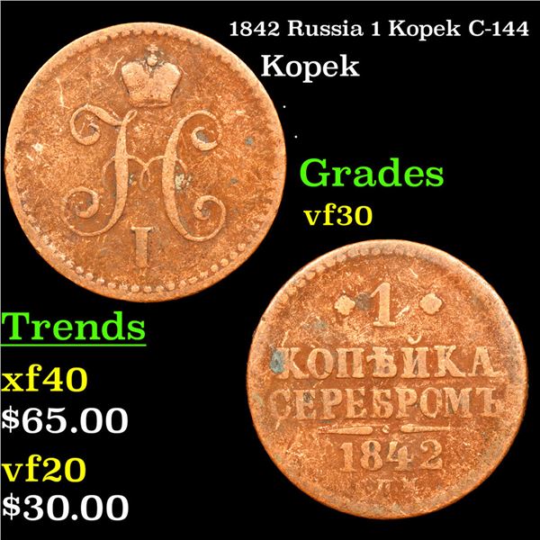 1842 Russia 1 Kopek C-144 Grades vf++